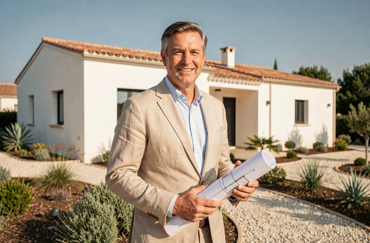 Conseiller Maisons Clair Logis devant une maison neuve à façade blanche et toiture en tuiles dans le Gard
