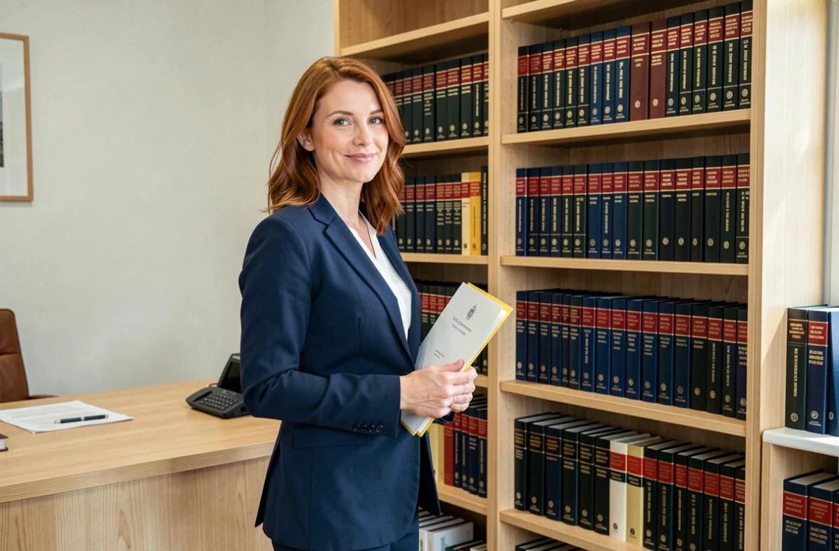 Maître Aurore Couderc en blazer marine souriante dans un bureau notarial parisien moderne avec bibliothèque ouverte et mobilier en chêne clair