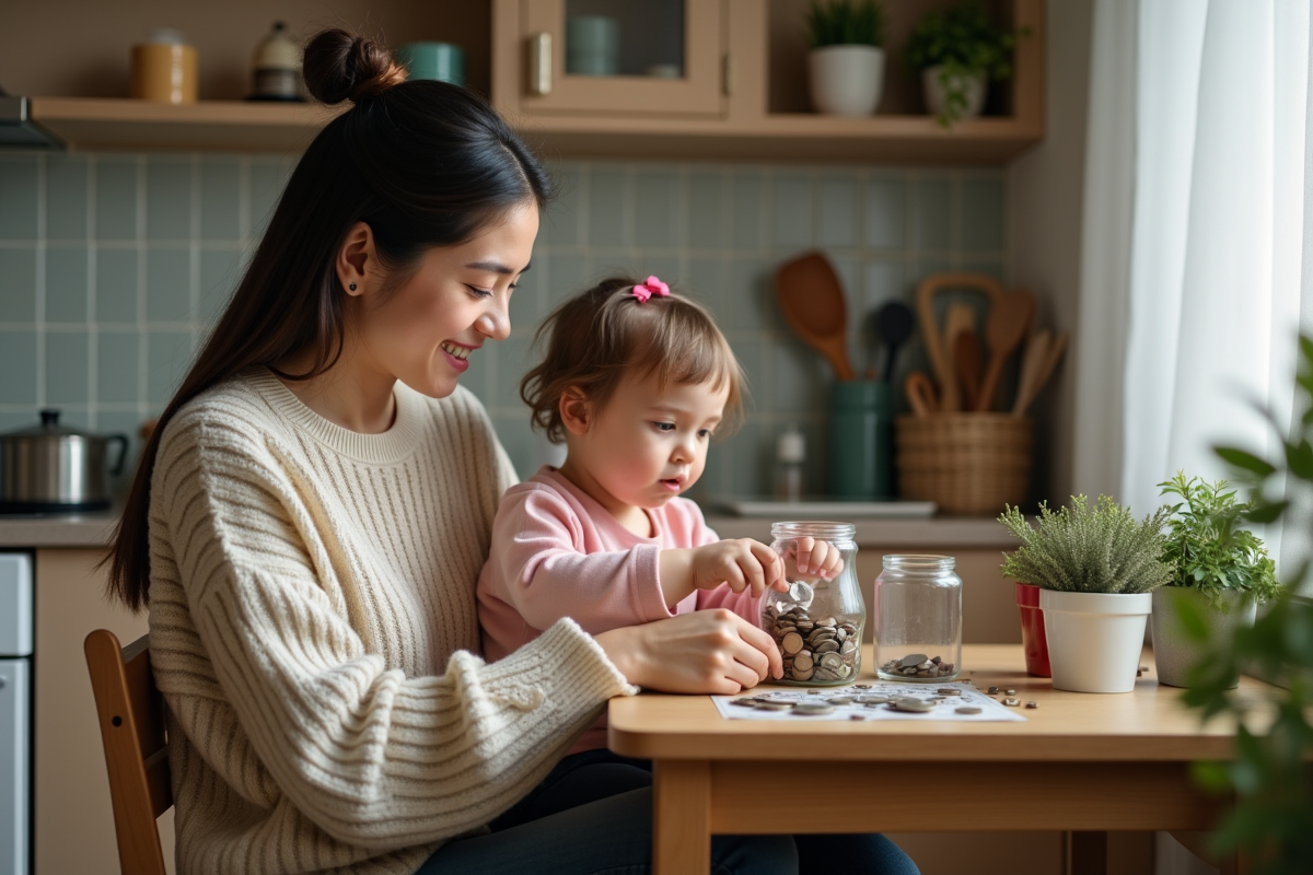 Maman et enfant jouant avec des pièces dans la cuisine