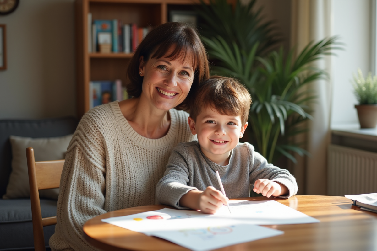 Maman souriante avec son enfant à la dinette familiale