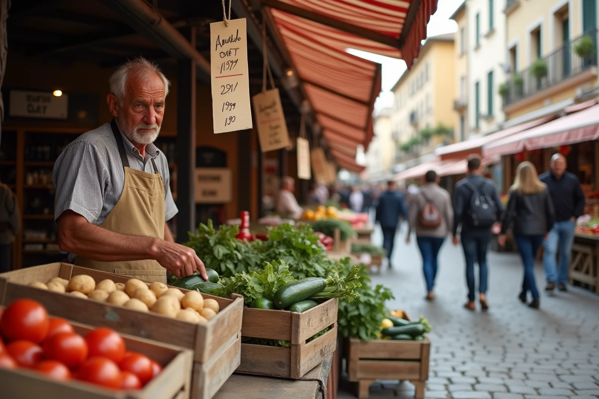 Étal de marché français avec étiquettes de prix manuscrites sur des légumes frais, symbolisant la hausse des prix et l'inflation au quotidien