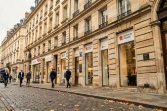 Vue grand angle d'une rue commerçante de Dijon avec plusieurs façades de banques régionales en Bourgogne-Franche-Comté