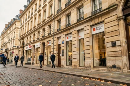 Vue grand angle d'une rue commerçante de Dijon avec plusieurs façades de banques régionales en Bourgogne-Franche-Comté