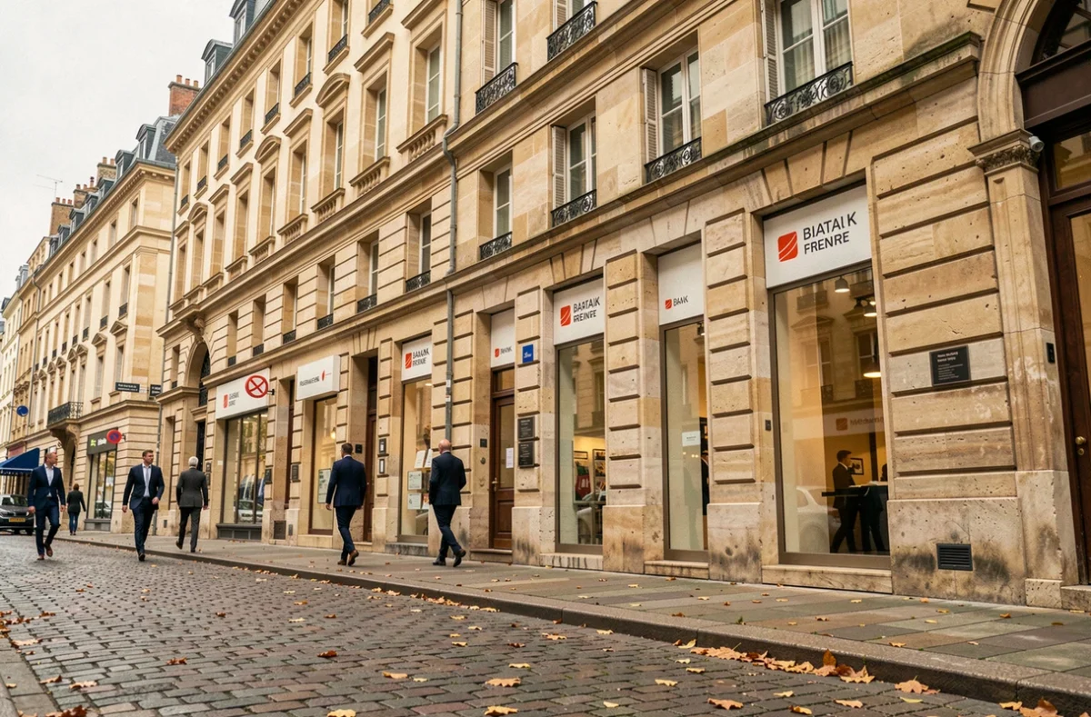 Vue grand angle d'une rue commerçante de Dijon avec plusieurs façades de banques régionales en Bourgogne-Franche-Comté