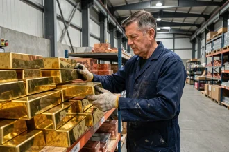 Métallurgiste inspectant des lingots de laiton dans un entrepôt industriel, illustrant le cours du laiton et ses matières premières cuivre et zinc