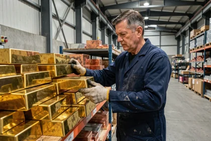 Métallurgiste inspectant des lingots de laiton dans un entrepôt industriel, illustrant le cours du laiton et ses matières premières cuivre et zinc