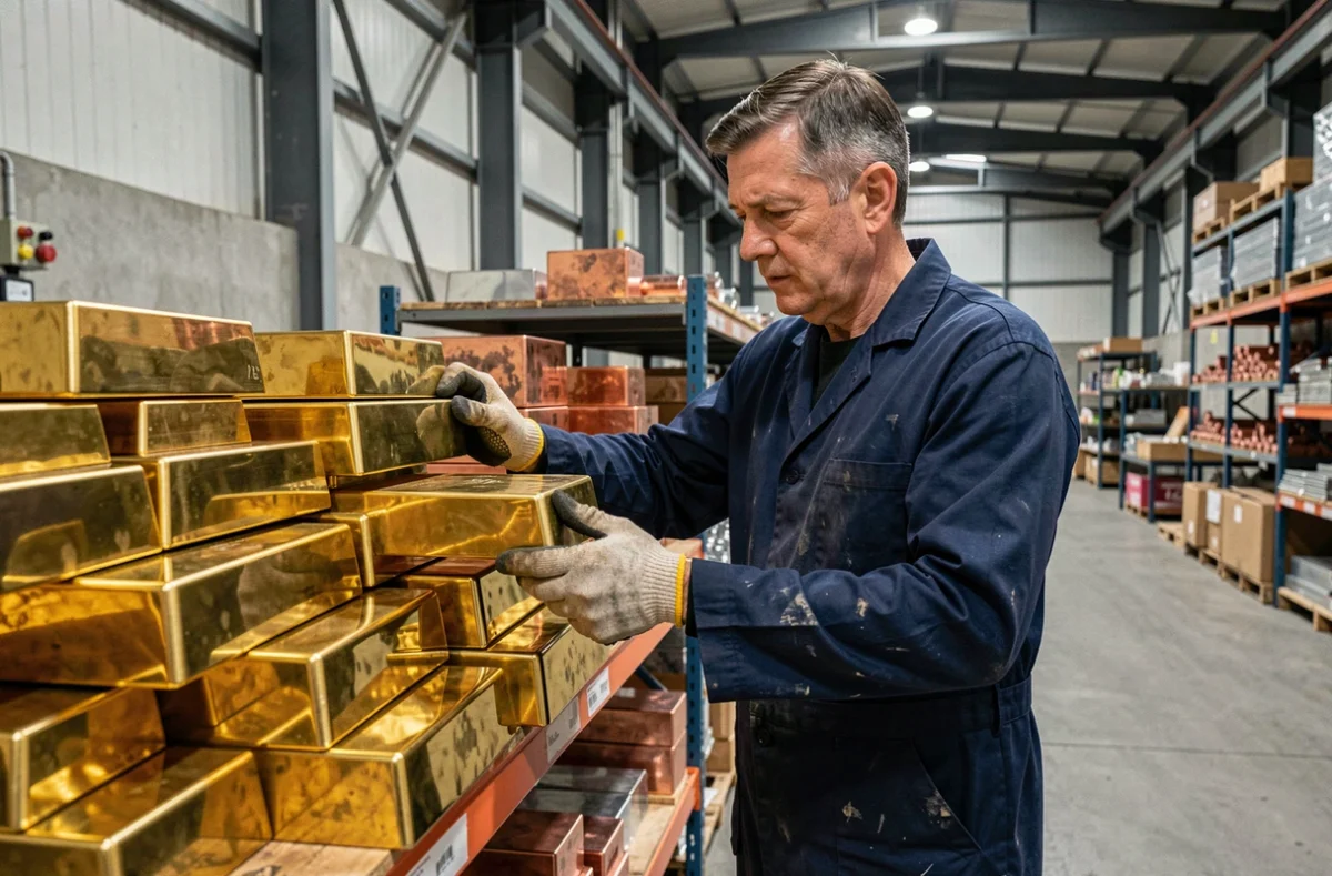 Métallurgiste inspectant des lingots de laiton dans un entrepôt industriel, illustrant le cours du laiton et ses matières premières cuivre et zinc