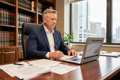 Homme d'affaires algérien en costume marine assis à un bureau recouvert de documents financiers dans un bureau institutionnel