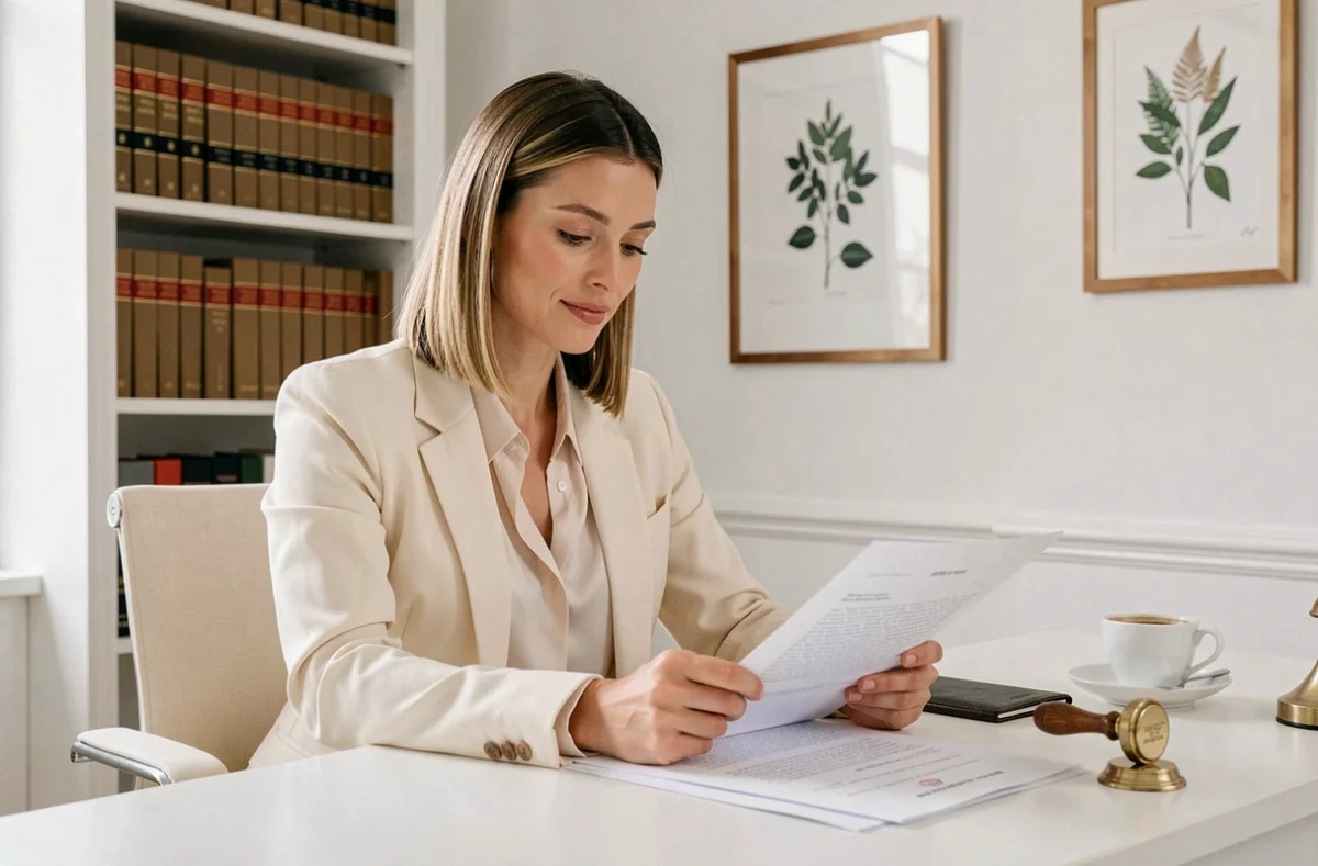 Notaire Noémie Houchet-Tran en blazer crème consultant un document juridique dans un bureau parisien lumineux avec bibliothèque blanche et cachet en laiton