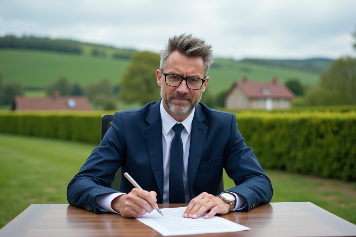 Notaire à l'extérieur examinant des documents immobiliers