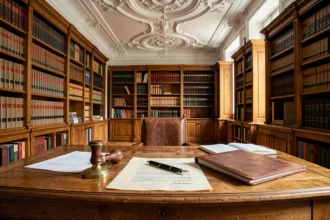 Bureau de notaire parisien avec documents officiels, cachet en laiton et étagères de codes juridiques dans un immeuble haussmannien