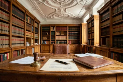 Bureau de notaire parisien avec documents officiels, cachet en laiton et étagères de codes juridiques dans un immeuble haussmannien