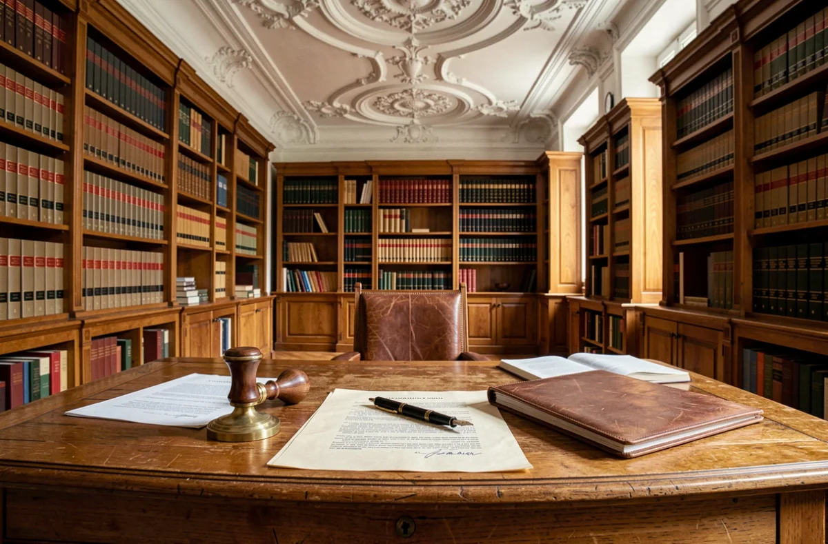 Bureau de notaire parisien avec documents officiels, cachet en laiton et étagères de codes juridiques dans un immeuble haussmannien