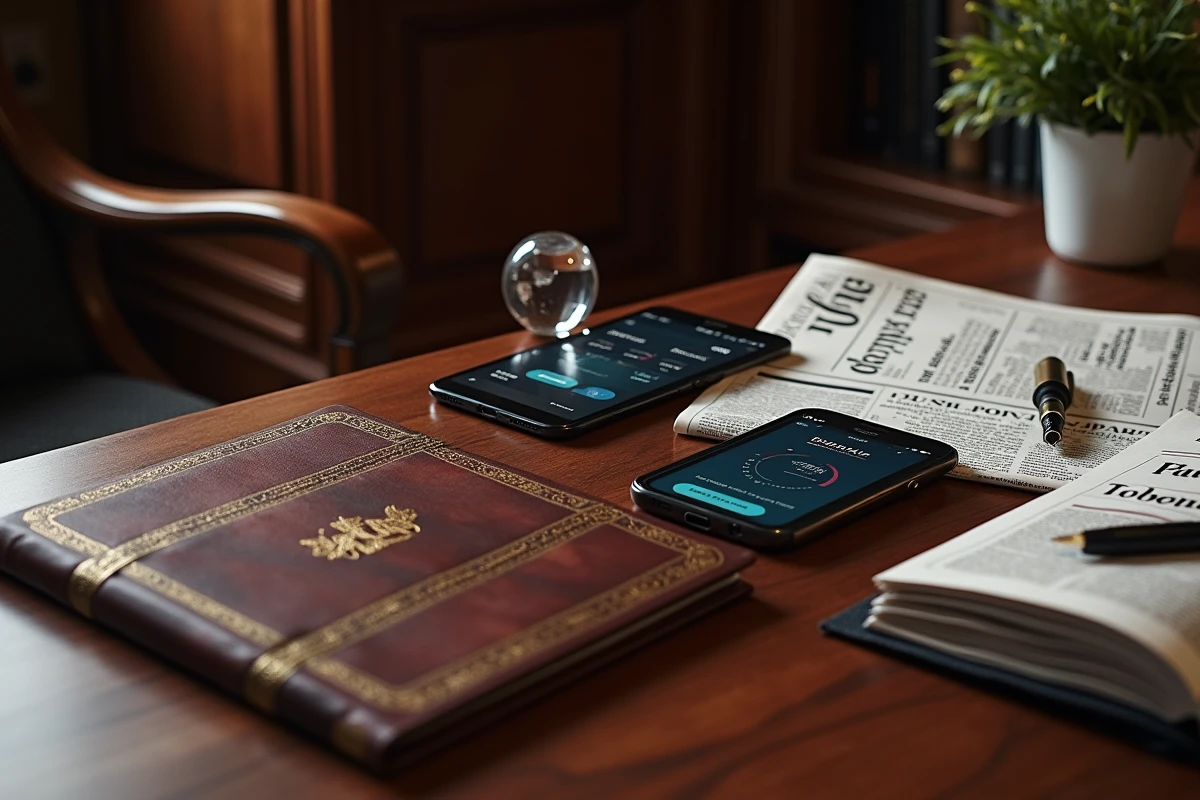 Mise en scène d'objets de luxe professionnels sur un bureau en noyer illustrant la fortune et les sources de revenus d'un dirigeant milliardaire du sport