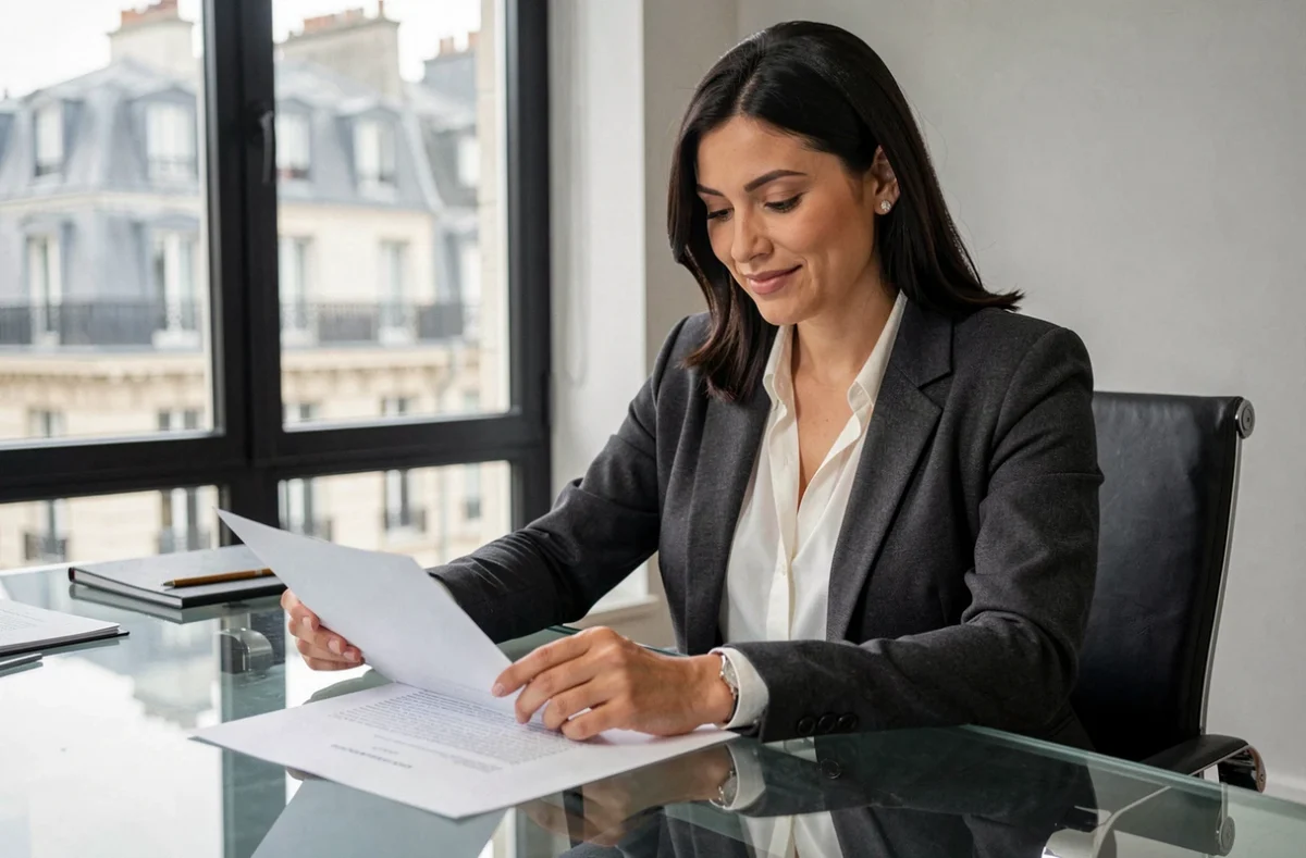 Notaire Marine Kokcha en blazer anthracite examinant un document juridique dans un bureau parisien moderne avec vue sur toits haussmanniens