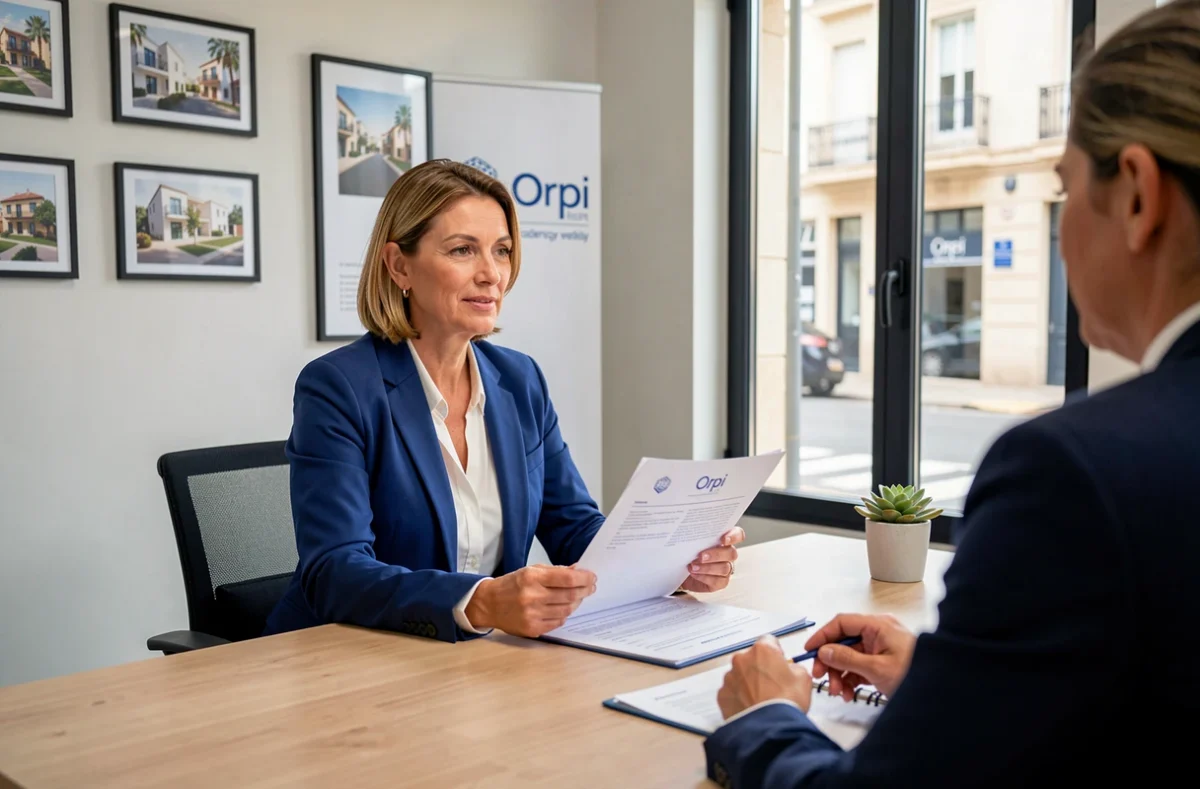 Conseillère Orpi Nîmes en entretien avec un client dans une agence moderne, examinant un dossier d'investissement locatif
