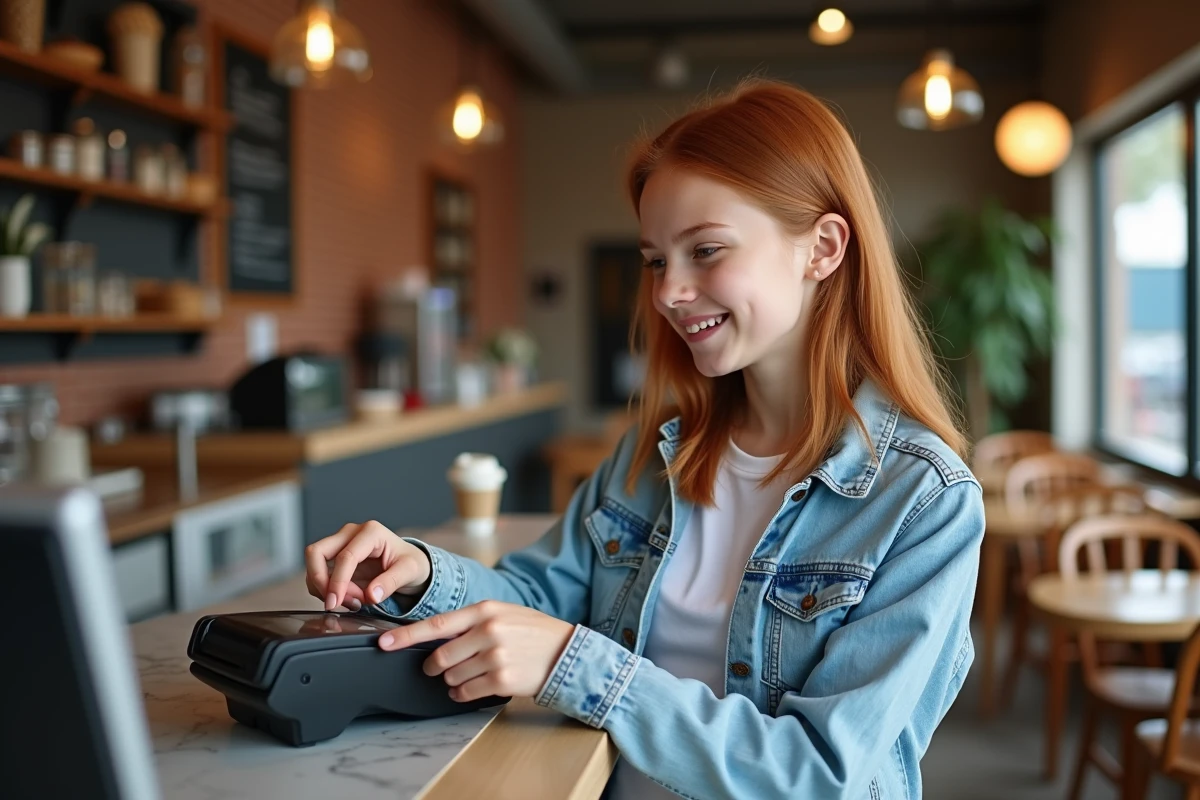 Adolescente payant sans contact avec une carte Pixpay dans un café, illustration du budget quotidien d'un ado