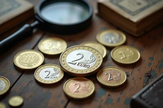 Pièces de 2 euros dont une pièce commémorative JO 2026 posées sur une table en bois ancien avec loupe de collectionneur