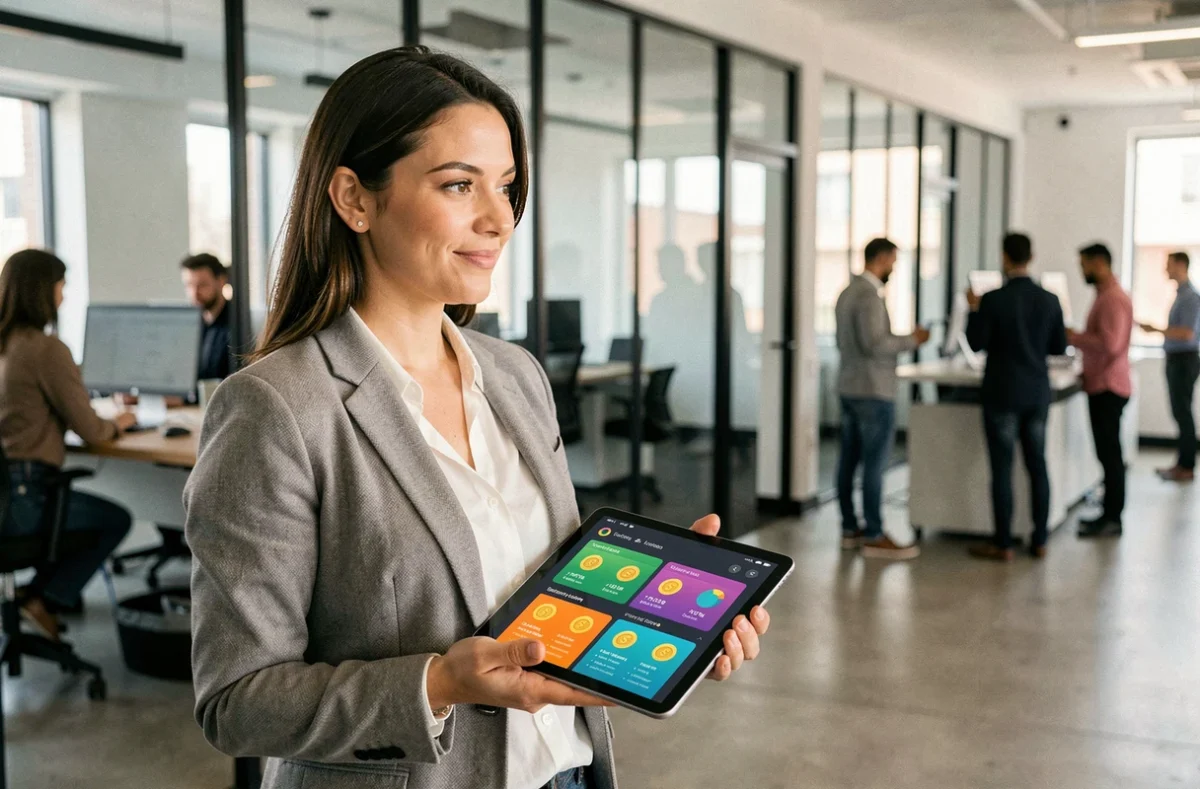 Femme consultant un tableau de bord de cryptomonnaies eToro sur une tablette dans un espace de coworking