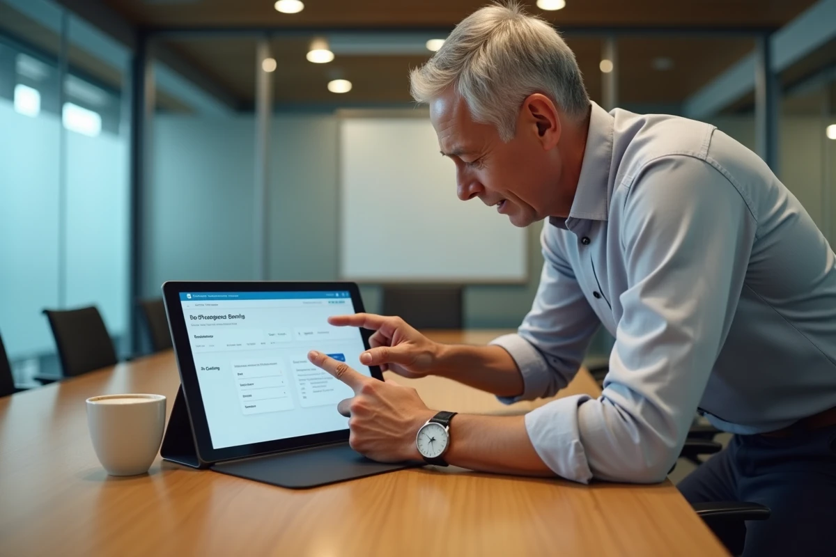 Homme d'affaires configurant des prélèvements automatiques sur une tablette dans une salle de réunion professionnelle
