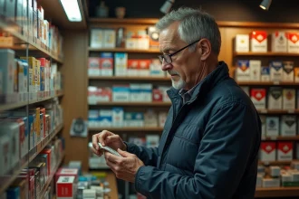 Homme examinant les prix des cigarettes dans un bureau de tabac belge devant un mur de paquets exposés