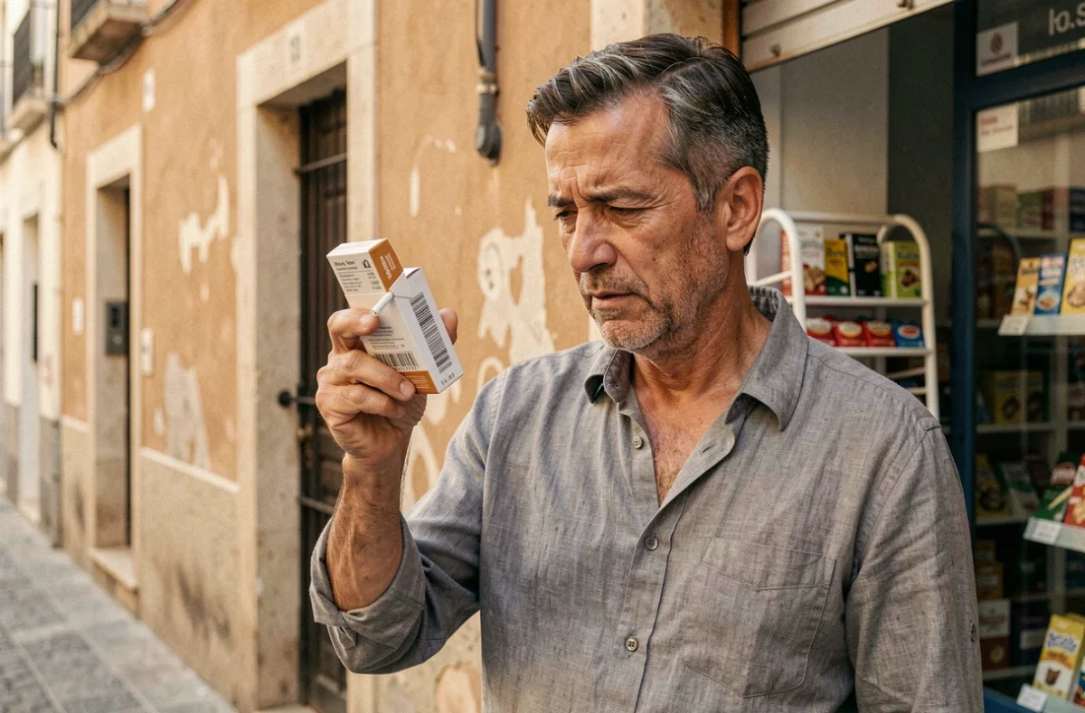 Homme d'une quarantaine d'années examinant un paquet de cigarettes Philip Morris devant un commerce espagnol en plein air