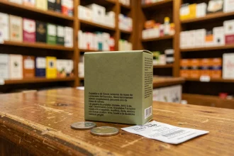 Paquet de cigarettes Philip Morris posé sur un comptoir en bois d'un bureau de tabac espagnol avec des pièces en euros et un reçu