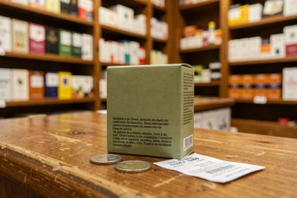 Paquet de cigarettes Philip Morris posé sur un comptoir en bois d'un bureau de tabac espagnol avec des pièces en euros et un reçu