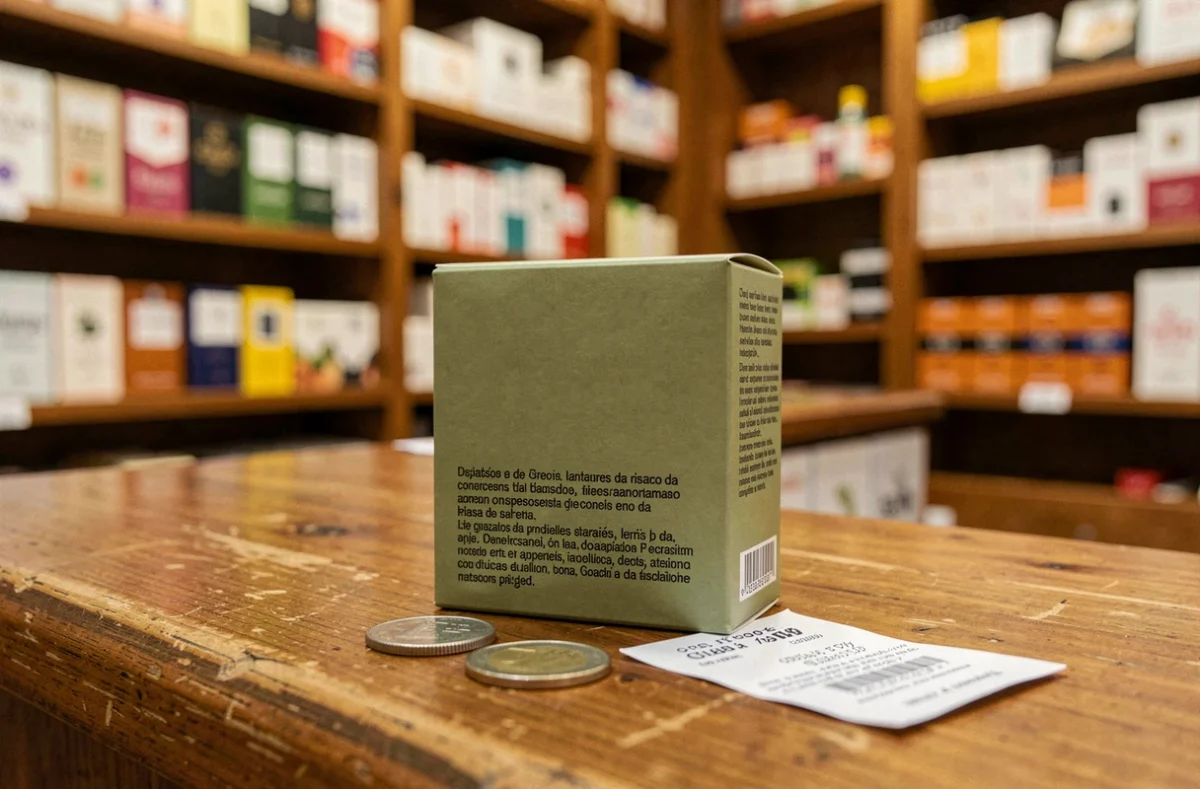 Paquet de cigarettes Philip Morris posé sur un comptoir en bois d'un bureau de tabac espagnol avec des pièces en euros et un reçu