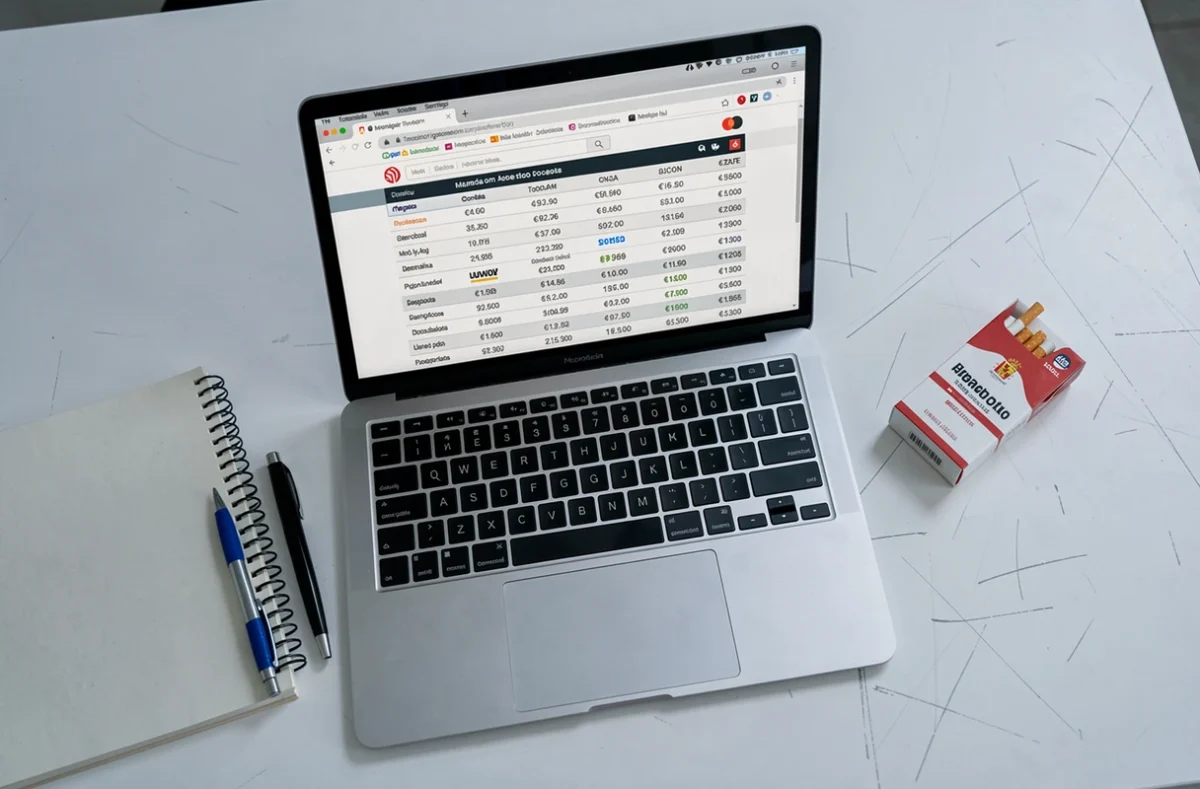 Ordinateur portable affichant un tableau de prix du tabac espagnol en 2026 sur un bureau moderne avec un carnet et un paquet de cigarettes