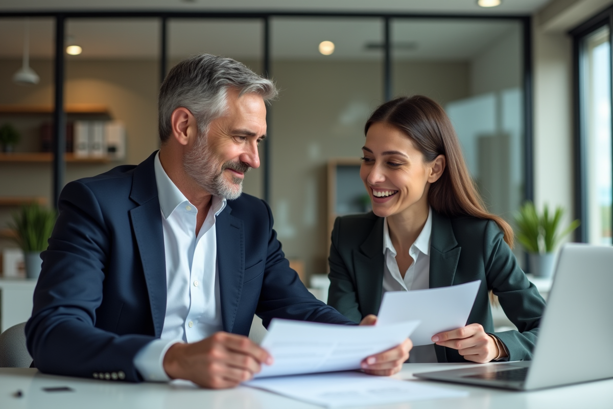 Homme en blazer bleu et femme d'affaires dans un bureau professionnel