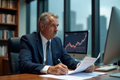 Homme d'affaires consultant des documents financiers en cas de faillite d'entreprise Europlasma