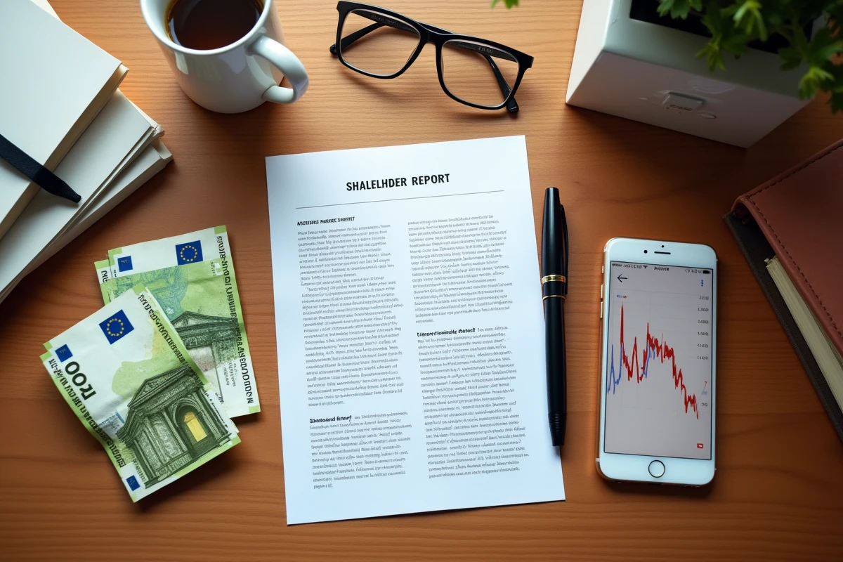 Vue aérienne d'un bureau avec rapport d'actionnaires, billets en euros et graphique boursier en baisse