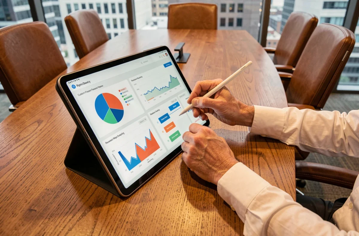 Mains masculines manipulant un rapport financier personnalisé sur tablette dans une salle de réunion executive