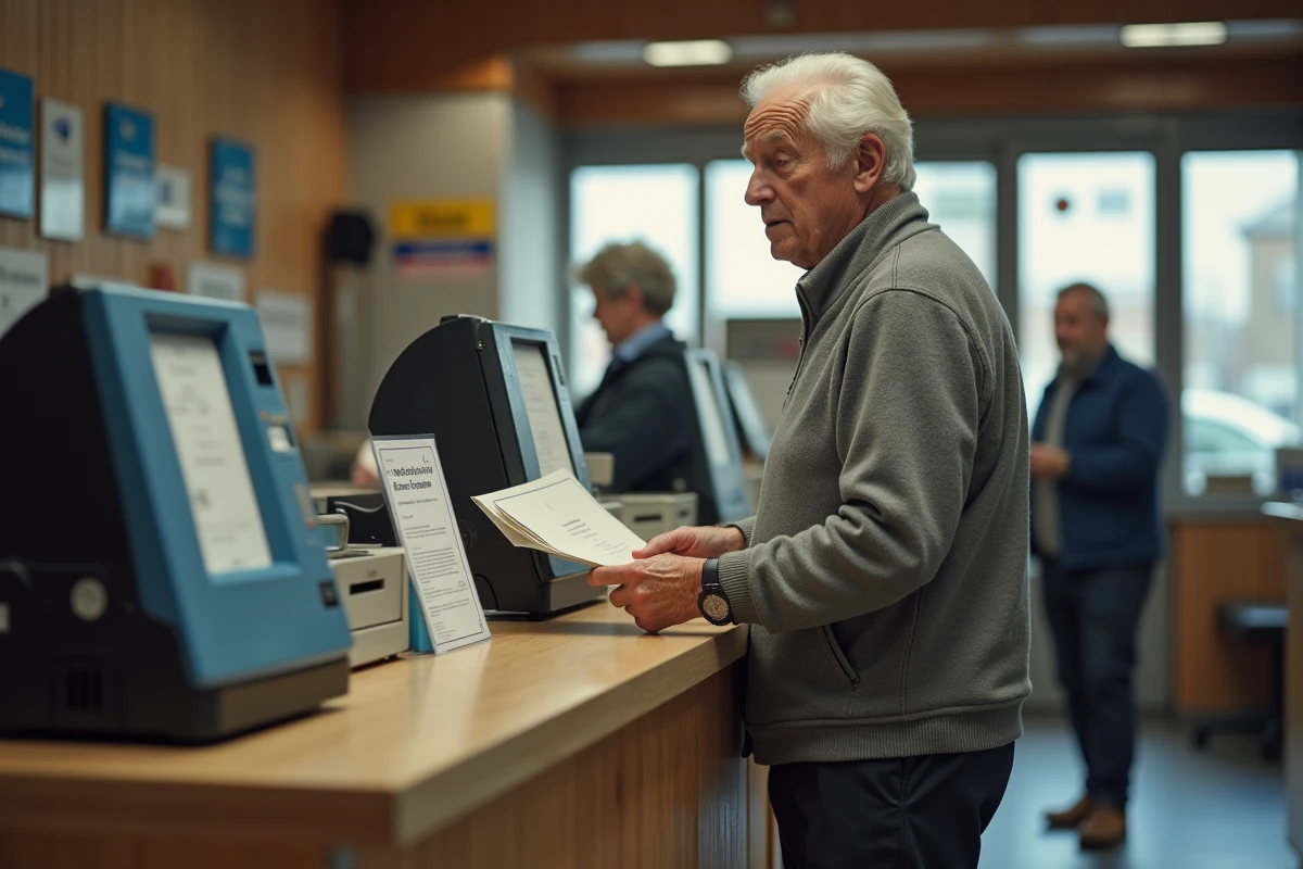 Retraité récupérant son relevé de retraite complémentaire Agirc-Arrco dans un bureau de poste