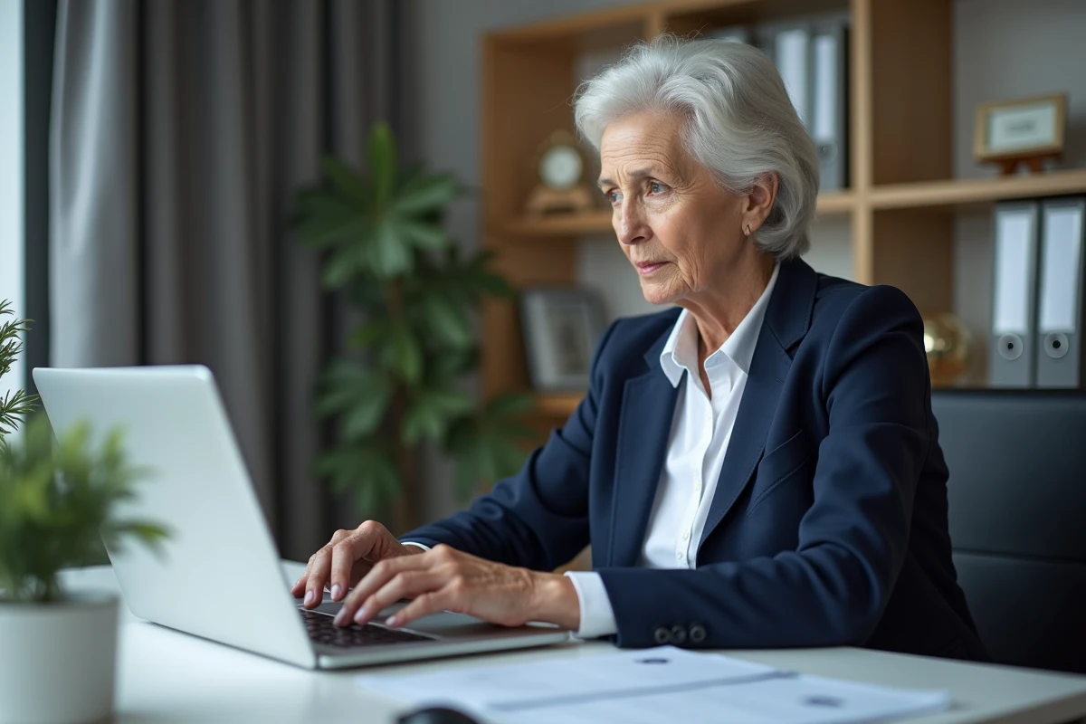 Retraitée consultant son calendrier de versement de retraite complémentaire sur ordinateur portable