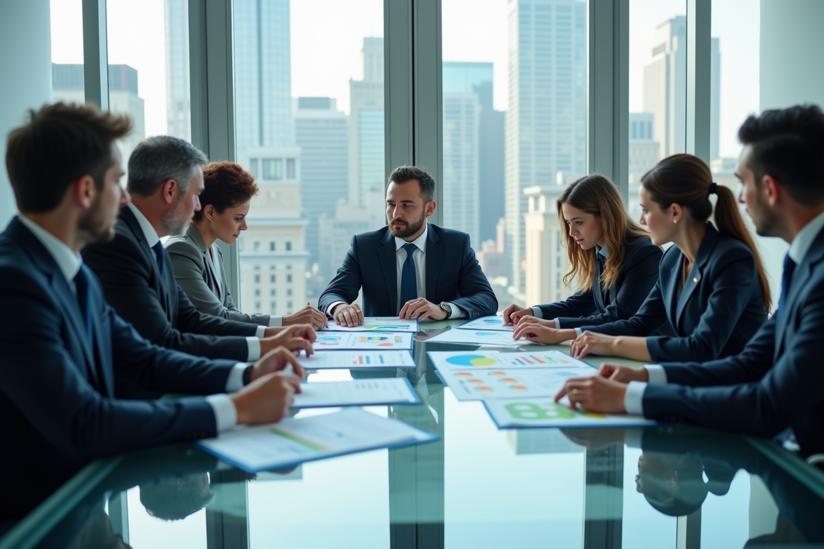 Groupe de professionnels en réunion dans une salle moderne