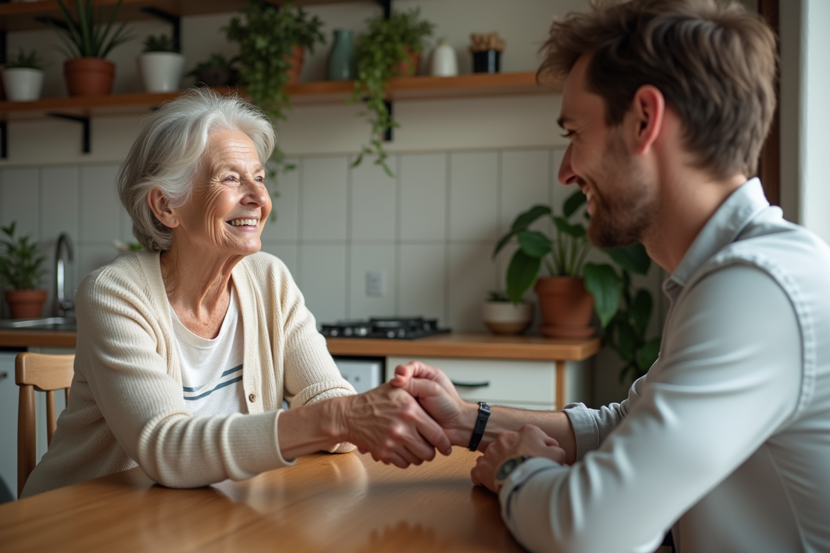 Femme âgée souriante serre la main d