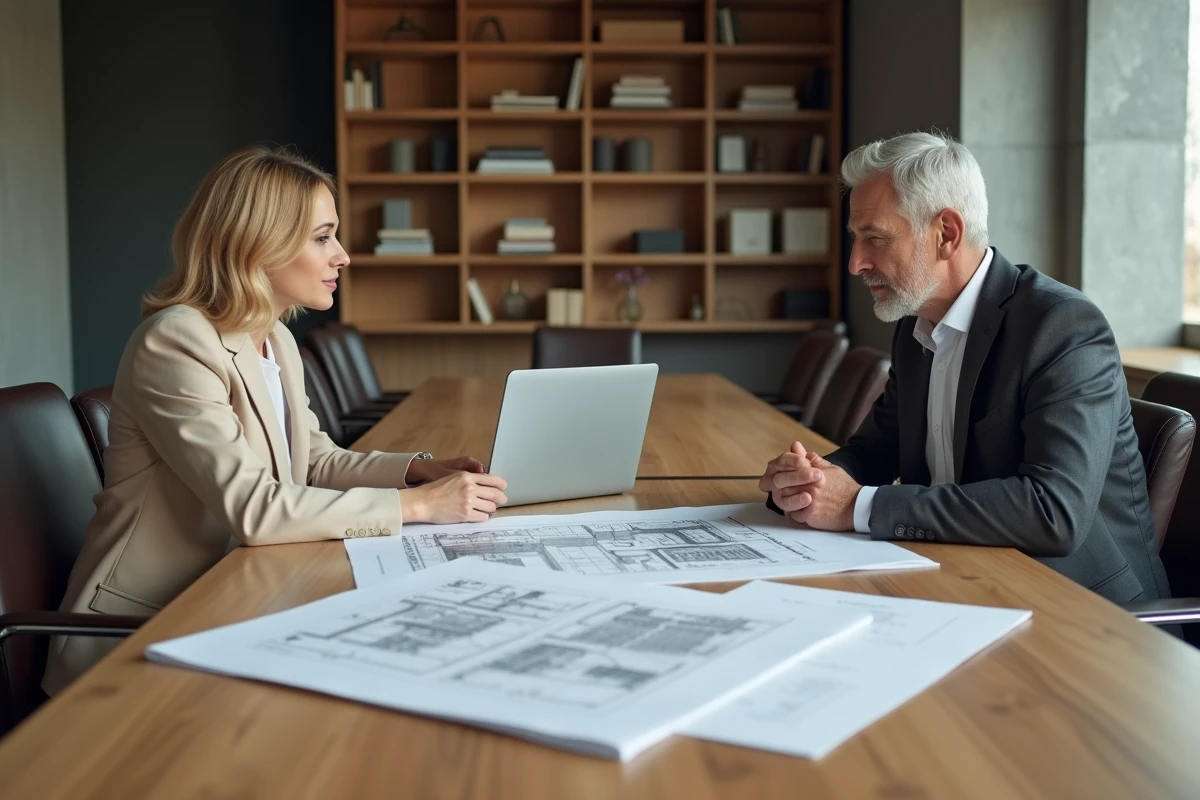 Deux professionnels de l'immobilier en réunion autour d'un plan d'investissement avec blueprints et ordinateur portable
