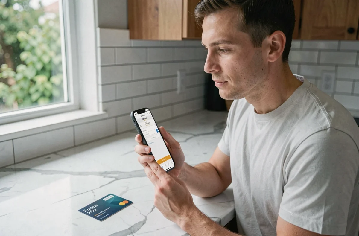 Homme entrant le code de sa carte Kadeos Infini sur l'application Amazon depuis sa cuisine