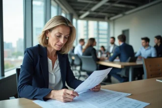 Salariée de banque consultant des documents sur les avantages salariaux et le CCUES Société Générale dans un bureau moderne