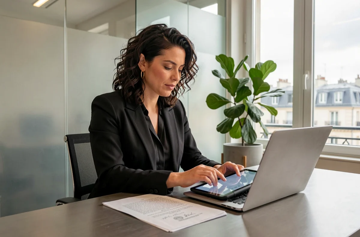 Notaire Sarah Elfassi-Smadja en blazer noir consultant une tablette numérique dans un cabinet notarial contemporain parisien avec vue sur la ville