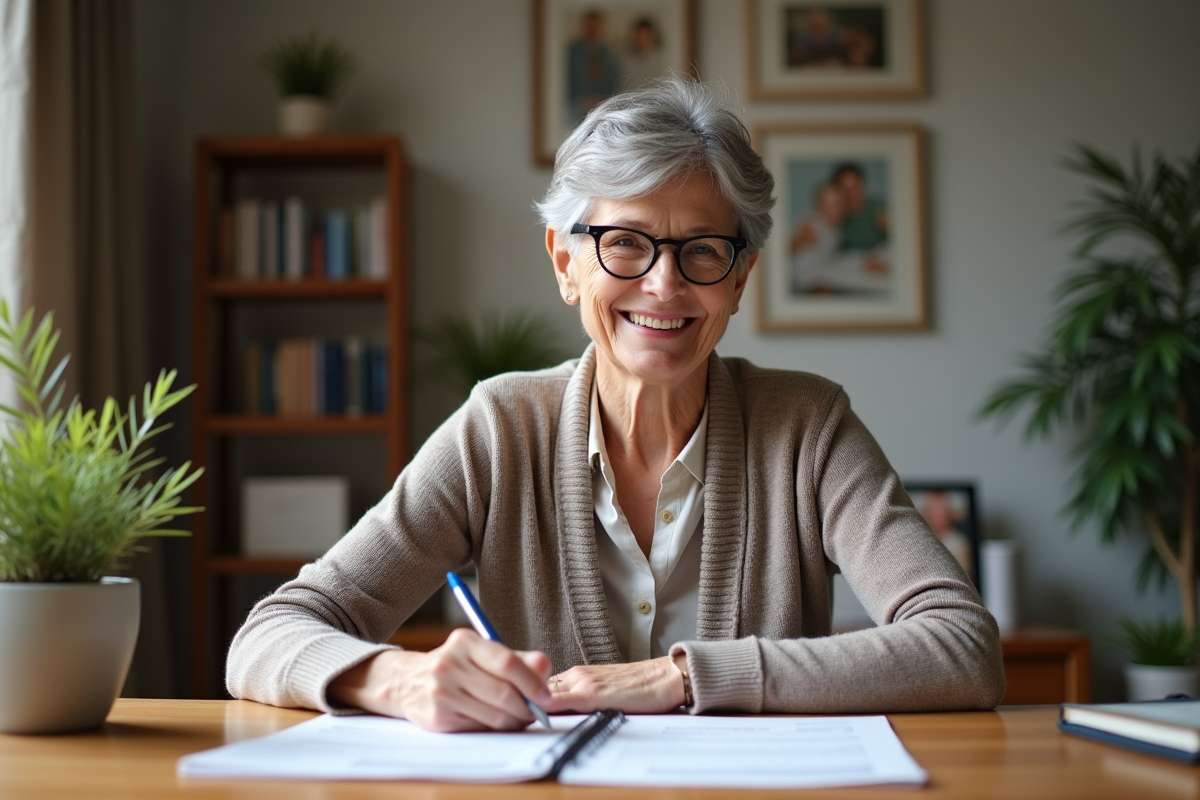 Femme senior souriante lisant des documents fiscaux à la maison