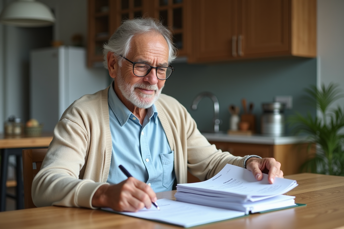 Homme senior détendu vérifiant un dossier de retraite à la maison