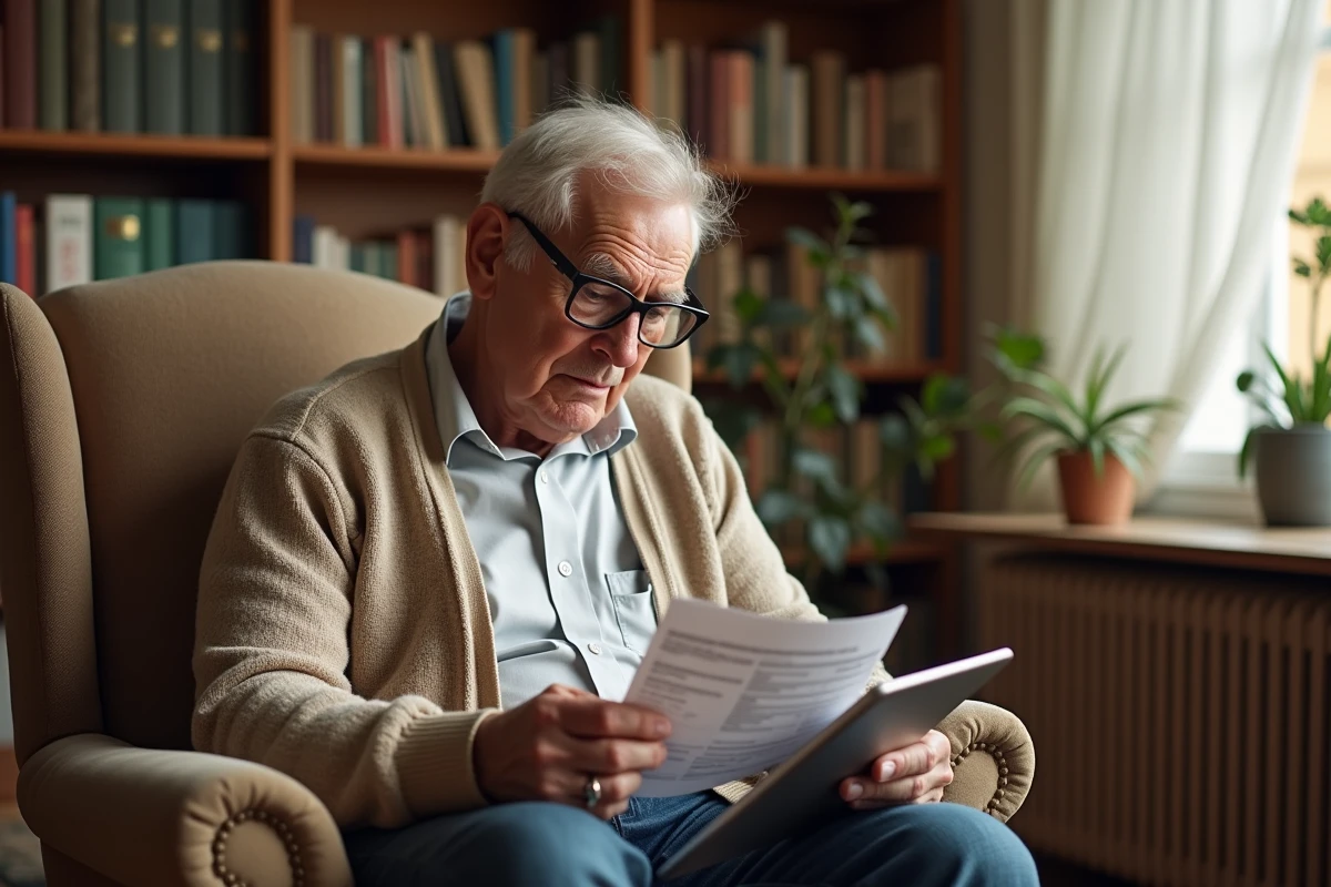 Homme âgé comparant un relevé bancaire papier et une alerte de virement sur tablette dans son salon
