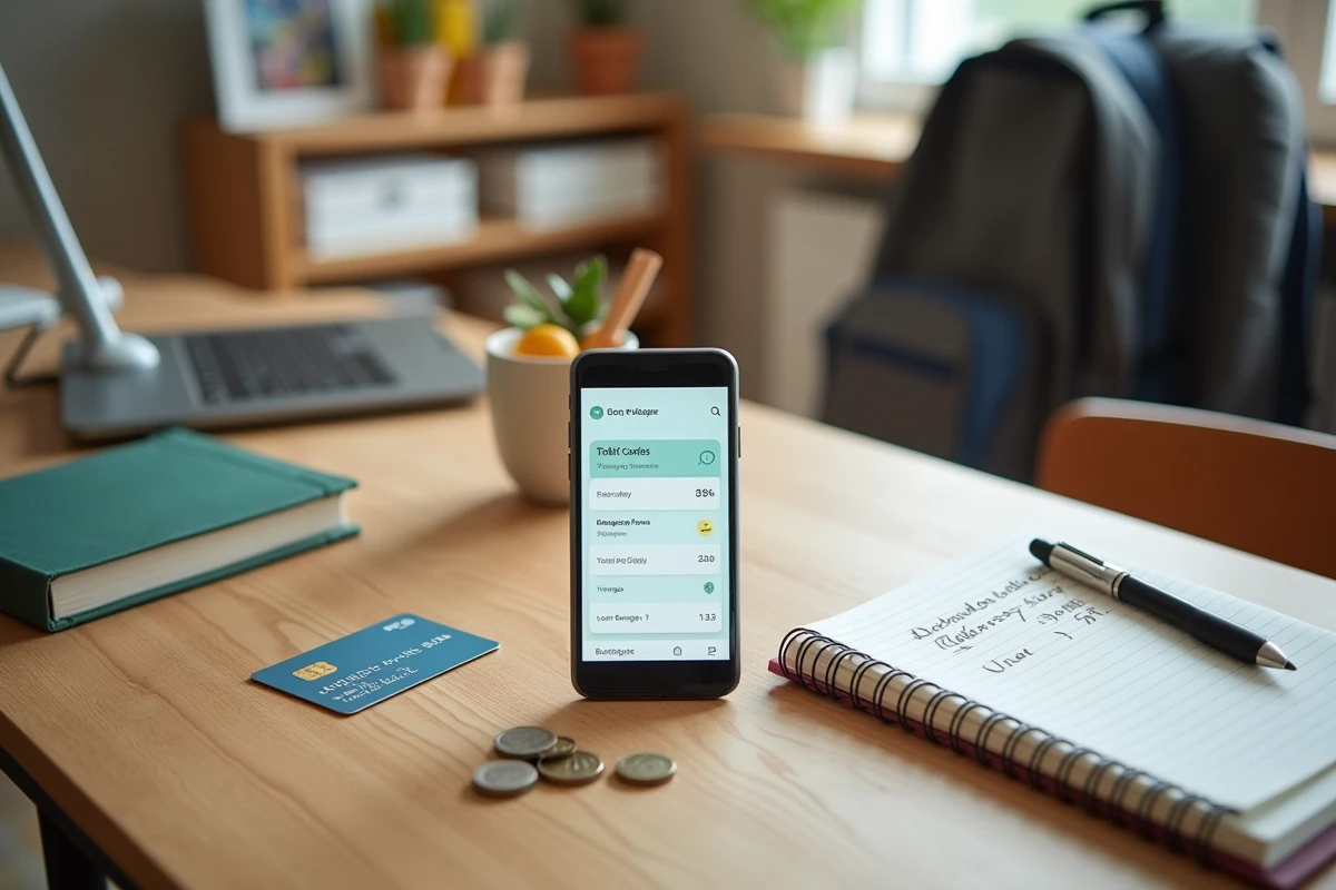 Bureau d'adolescent avec carte Pixpay, smartphone affichant un suivi de budget et notes manuscrites sur la gestion d'argent de poche