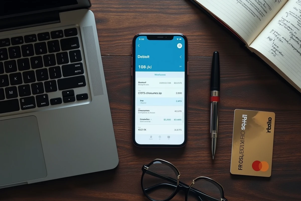Vue de dessus d'un smartphone affichant une application bancaire avec un prélèvement de 108 euros visible dans l'historique des transactions