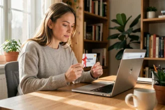 Femme utilisant une carte cadeau Kadeos Infini pour faire un achat sur Amazon depuis son bureau à domicile
