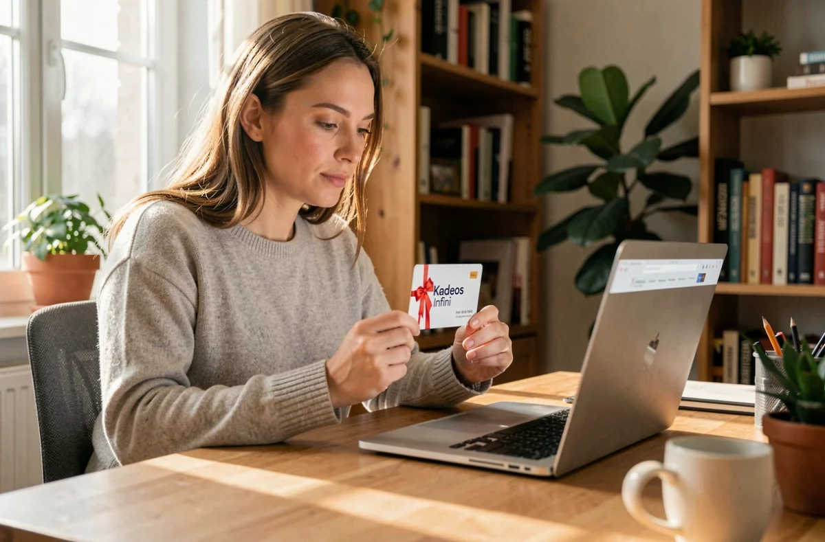 Femme utilisant une carte cadeau Kadeos Infini pour faire un achat sur Amazon depuis son bureau à domicile
