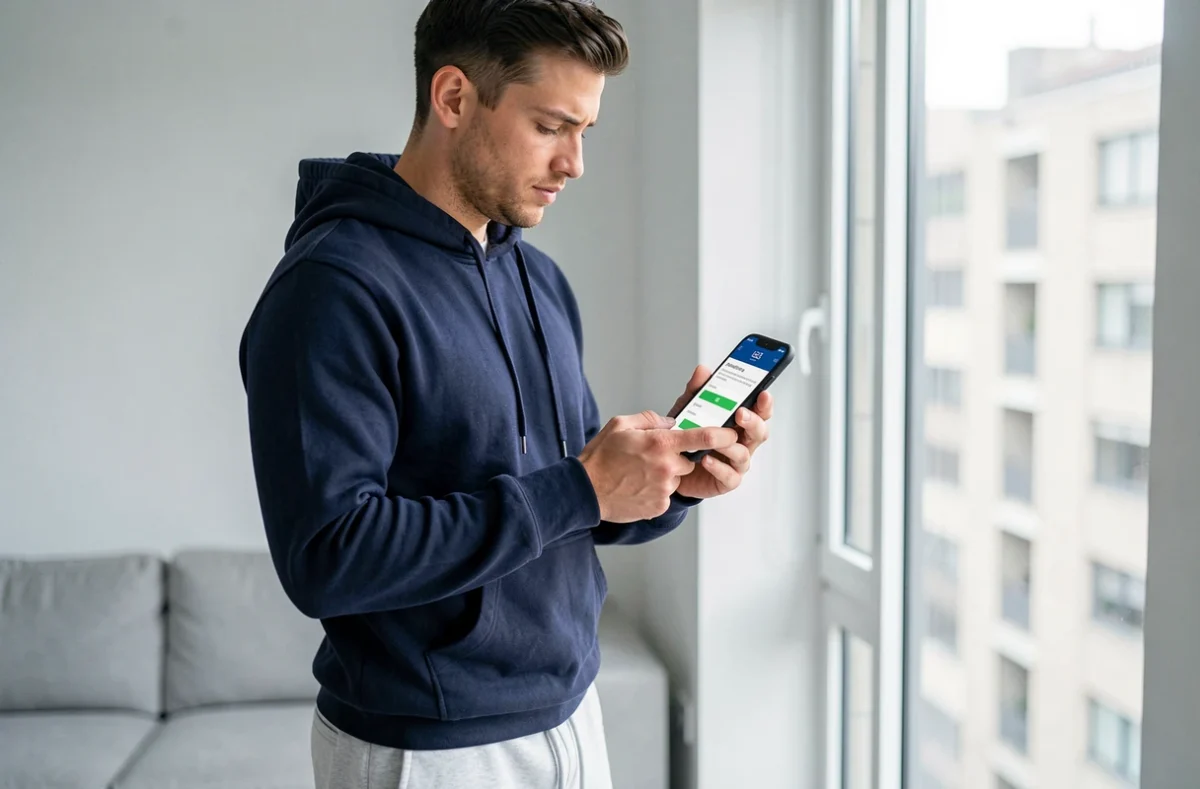 Homme consultant l'application Vinted sur smartphone pour valider sa vérification MangoPay